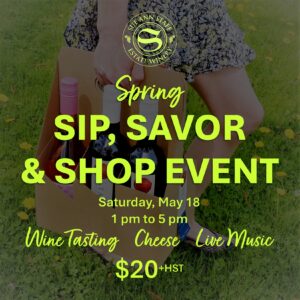 Sue-Ann's Spring Sip, Savor and Shop event graphic