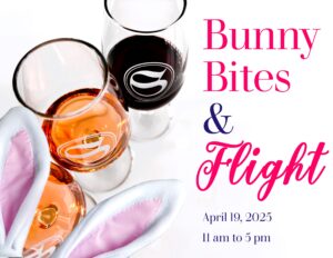 Photo of three Sue-Ann Staff ISO glasses with wine in them, bunny ears superimposed on top, and text: Bunny Bites & Flight