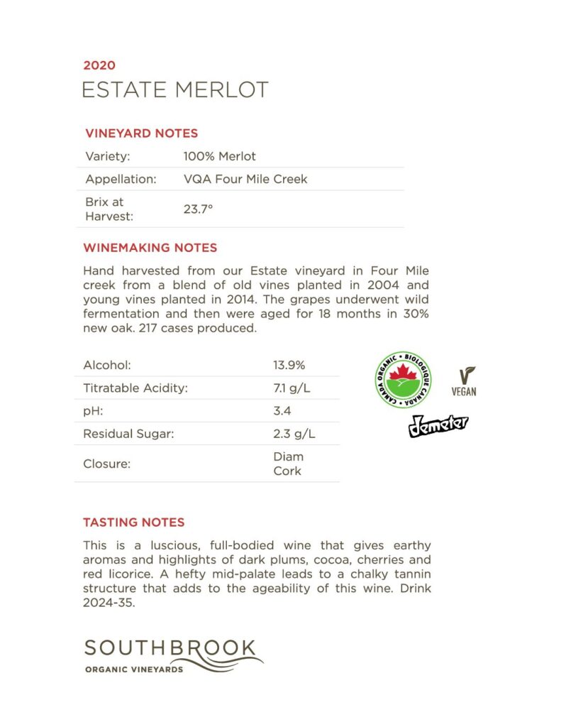 Southbrook Organic Vineyards Estate Merlot 2020
